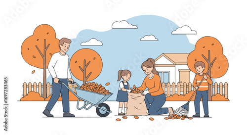 Adobe illustrator artwork vector illustration. A family-father, mother, and child-happily rakes and collects autumn leaves in their yard. A beautiful scene of seasonal outdoor chores