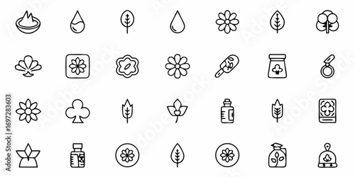 Collection of various outline icons including flowers leaves drops and containers arranged in a grid pattern