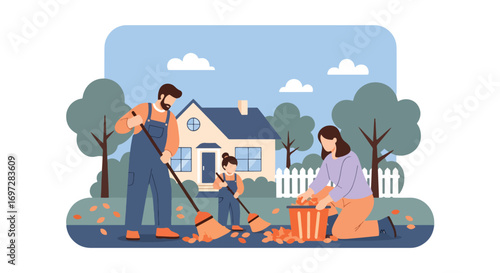 Adobe illustrator artwork vector illustration. A family-father, mother, and child-happily rakes and collects autumn leaves in their yard. A beautiful scene of seasonal outdoor chores