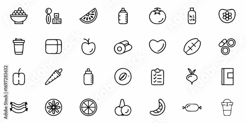 Collection of various food items and objects displayed in a neat and organized arrangement style design