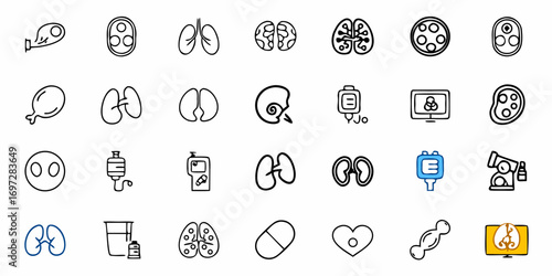 Collection of medical and anatomical icons including lungs brains and medical equipment displayed in rows