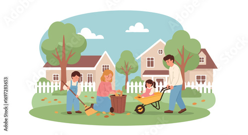 Adobe illustrator artwork vector illustration. A family-father, mother, and child-happily rakes and collects autumn leaves in their yard. A beautiful scene of seasonal outdoor chores