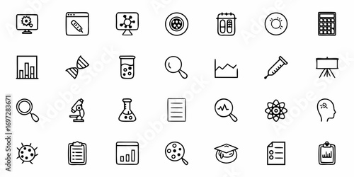 Collection of science and research icons including lab equipment, data analysis, and learning symbols shown