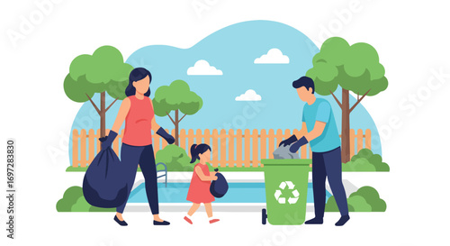Adobe illustrator artwork vector illustration. A family-father, mother, and child-recycles waste together in their backyard. A positive depiction of environmental responsibility