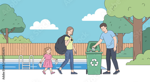 Adobe illustrator artwork vector illustration. A family-father, mother, and child-recycles waste together in their backyard. A positive depiction of environmental responsibility