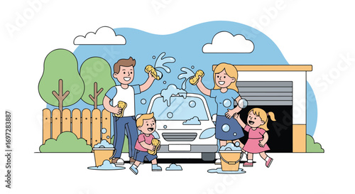 Adobe illustrator artwork vector illustration. A joyful family-parents and two children-washes their car together in the driveway. A heartwarming scene of teamwork, outdoor fun, and family bonding