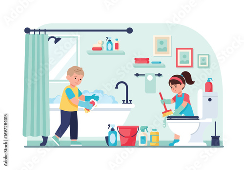 Adobe illustrator artwork vector illustration. A cute boy and girl are diligently cleaning their bathroom, with the boy scrubbing the bathtub and the girl cleaning the toilet, showcasing teamwork