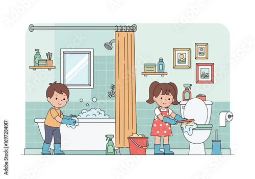 Adobe illustrator artwork vector illustration. A cute boy and girl are diligently cleaning their bathroom, with the boy scrubbing the bathtub and the girl cleaning the toilet, showcasing teamwork