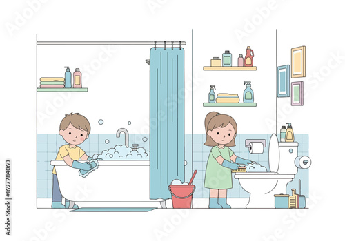 Adobe illustrator artwork vector illustration. A cute boy and girl are diligently cleaning their bathroom, with the boy scrubbing the bathtub and the girl cleaning the toilet, showcasing teamwork