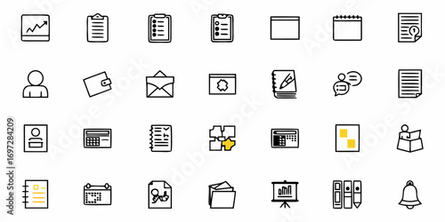 Collection of office and business icons representing various tasks and tools in a simple line art style