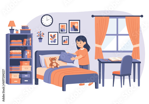 Adobe illustrator artwork vector illustration. A diligent young girl is making her bed in a tidy and cozy bedroom, demonstrating responsibility and neatness in her daily routine