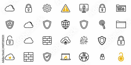Illustration of various cybersecurity icons including clouds, locks, shields, and network symbols security