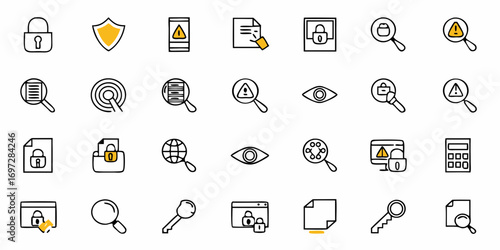 Illustration of security and protection icons featuring locks shields and magnifying glasses in a grid layout