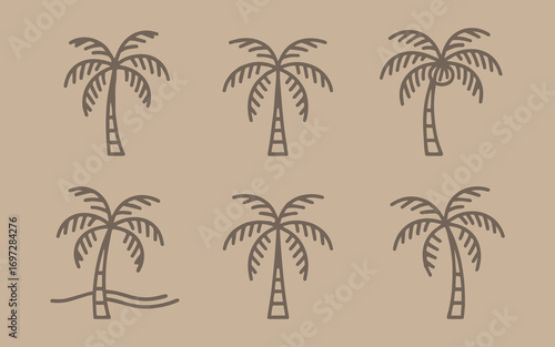 Set of six stylized palm tree illustrations on a textured background