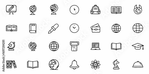 Collection of school and education themed icons including books globes and other study related objects shown