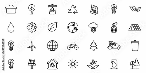 Illustration of various environmental and ecological icons in a simple line drawing style format present