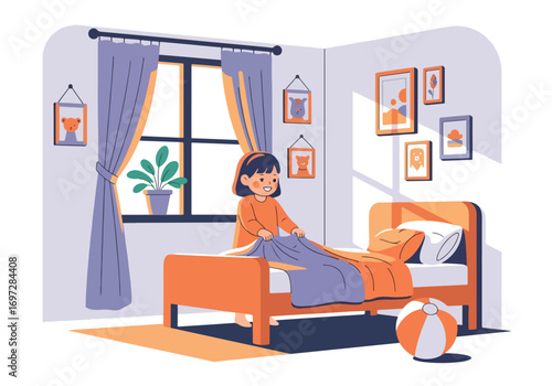 Adobe illustrator artwork vector illustration. A diligent young girl is making her bed in a tidy and cozy bedroom, demonstrating responsibility and neatness in her daily routine
