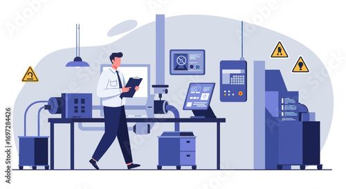 Engineer Inspecting Industrial Machinery in a Research Lab Setting