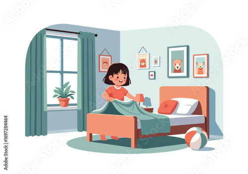 Adobe illustrator artwork vector illustration. A diligent young girl is making her bed in a tidy and cozy bedroom, demonstrating responsibility and neatness in her daily routine