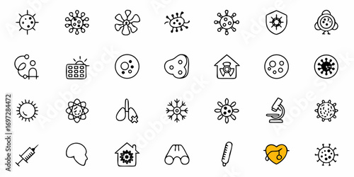 Collection of black and white line art icons representing medical, science, and health related themes
