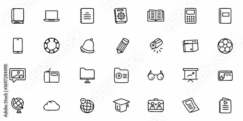 Collection of business charts and graphs with calculators and a globe in a doodle style design set