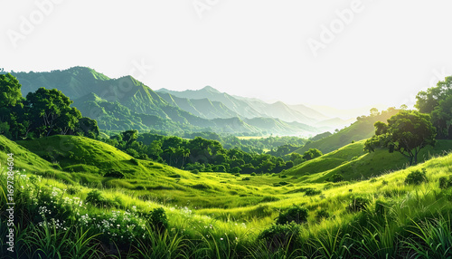 Breathtaking green valley with majestic mountains in the background under a clear blue sky with copy space
