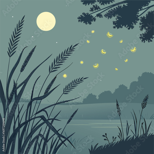 Abstract Fireflies Dancing over Marsh
