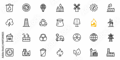 Illustration of energy sources and environmental icons including renewable and non renewable resources