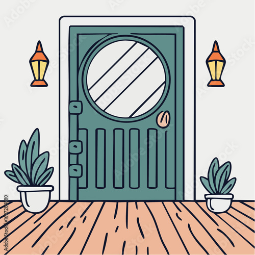olive-green fiberglass door with teak screen and frosted window for midcentury modern patio branding