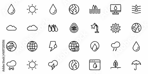 Collection of environmental themed line icons including water drops, sun, clouds, and globes design