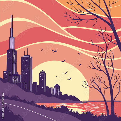 Abstract Sunset Behind City Skyline
