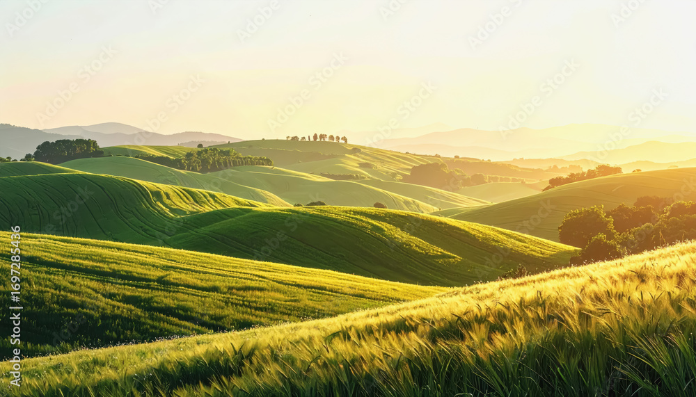 Obraz premium Picturesque green hill with trees and rolling hills in the background offering a relaxing nature background with space