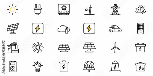 Collection of various line art icons including delivery trucks, money bags, and office supplies arranged