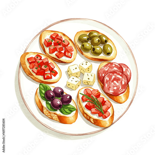 Delicious bruschetta assortment on a plate, offering fresh appetizers for a sophisticated gathering