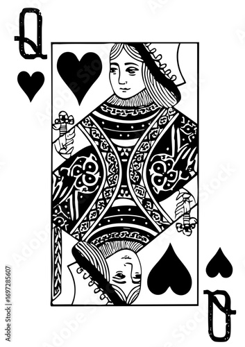 Vector Detailed of a regal Queen of Hearts playing card.