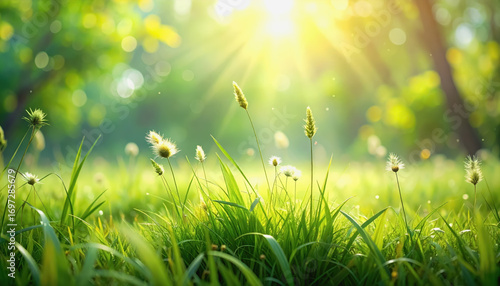 Soft green grass and wildflowers bathed in sunlight creating a beautiful natural scene with ample copy space available