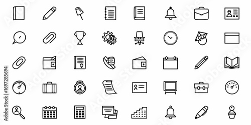 Illustration of various office and business related icons including stationery and equipment in black outline 100