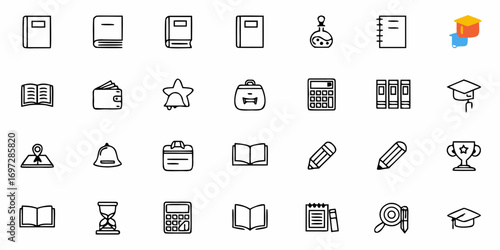 Illustration of various school and education related icons arranged in a grid formation style