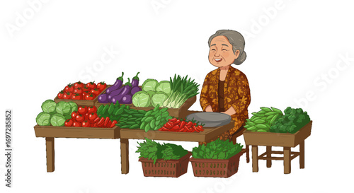 Fresh Vegetables Displayed on a Wooden Market Stall Illustration