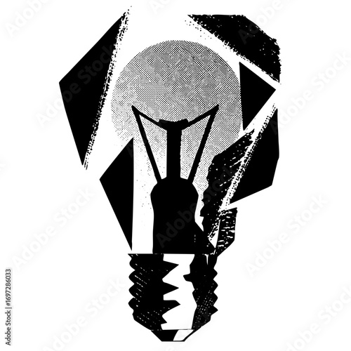Vector Abstract shattered lightbulb with halftone fill.