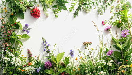 Vibrant flower border of wild herbs in grass with ample copy space for text isolation on white background