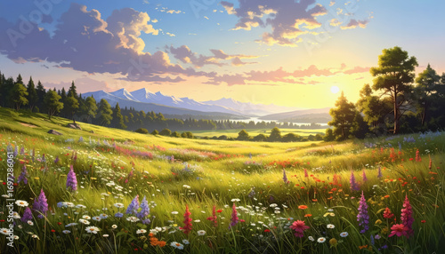 Stunning landscape of wild meadow with lush greenery and colorful flowers under a bright blue sky
