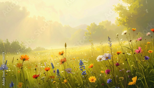 Beautiful field of wild flowers in a lush meadow under clear blue sky creating a vibrant natural scene