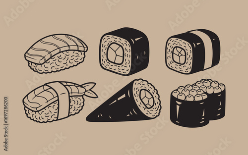 Hand drawn sushi assortment featuring nigiri maki and gunkanmaki