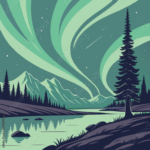 Geometric Northern Lights Reflecting in Lake