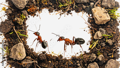 Two intriguing ants in a circular arrangement of dirt surrounded by natural elements and copy space for text