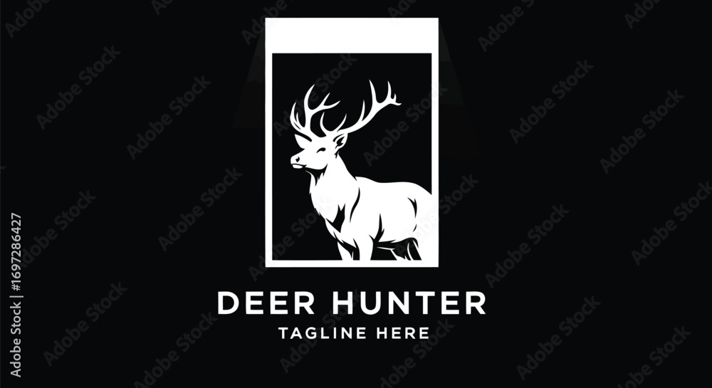 Obraz premium Vector illustration of silhouette logo of a majestic deer with large antlers, framed within a rectangle, with text deer hunter and tagline here below