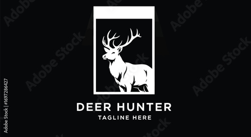 Vector illustration of silhouette logo of a majestic deer with large antlers, framed within a rectangle, with text deer hunter and tagline here below