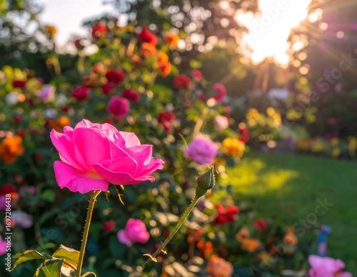 A vibrant garden scene showcases a beautiful pink rose, bathed in warm sunlight, among a profusion of colorful flowers.