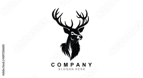 Vector illustration of black silhouette of a majestic deer head with large antlers